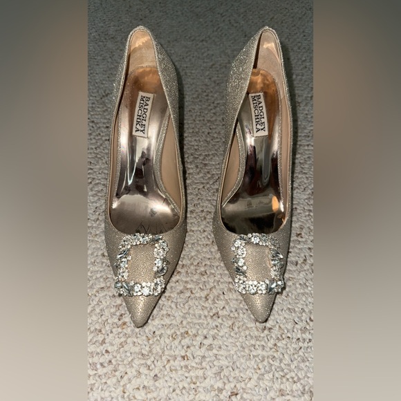 Badgley Mischka Shimmering Gold Pumps with Jewel Buckle - Picture 1 of 5